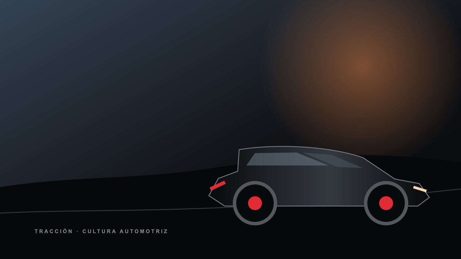 Ilustración editorial de un Ford Mustang clásico sobre una ruta al atardecer